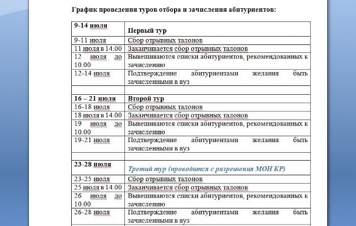 Отбор и прием абитуриентов в высшие учебные заведения Кыргызстана начнется 9 июля
